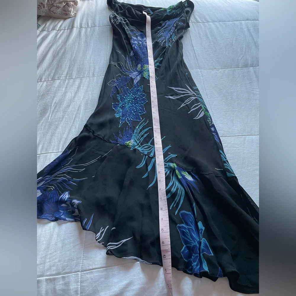 Vintage Eva Blue Dark Floral Beaded Cowl Neck Asymmetric Slip Dress 8 Fairycore - Picture 8 of 8